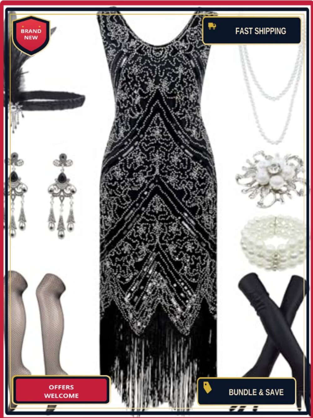 Women 1920s Sequin Beaded Tassels Flapper Dress with Accessories Set